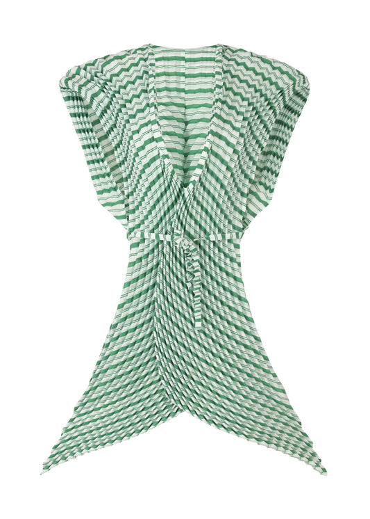 A product shot of the ISSEY MIYAKE GENERIC STRIPES (HAND PLEATS) clothing in green-hued (66).