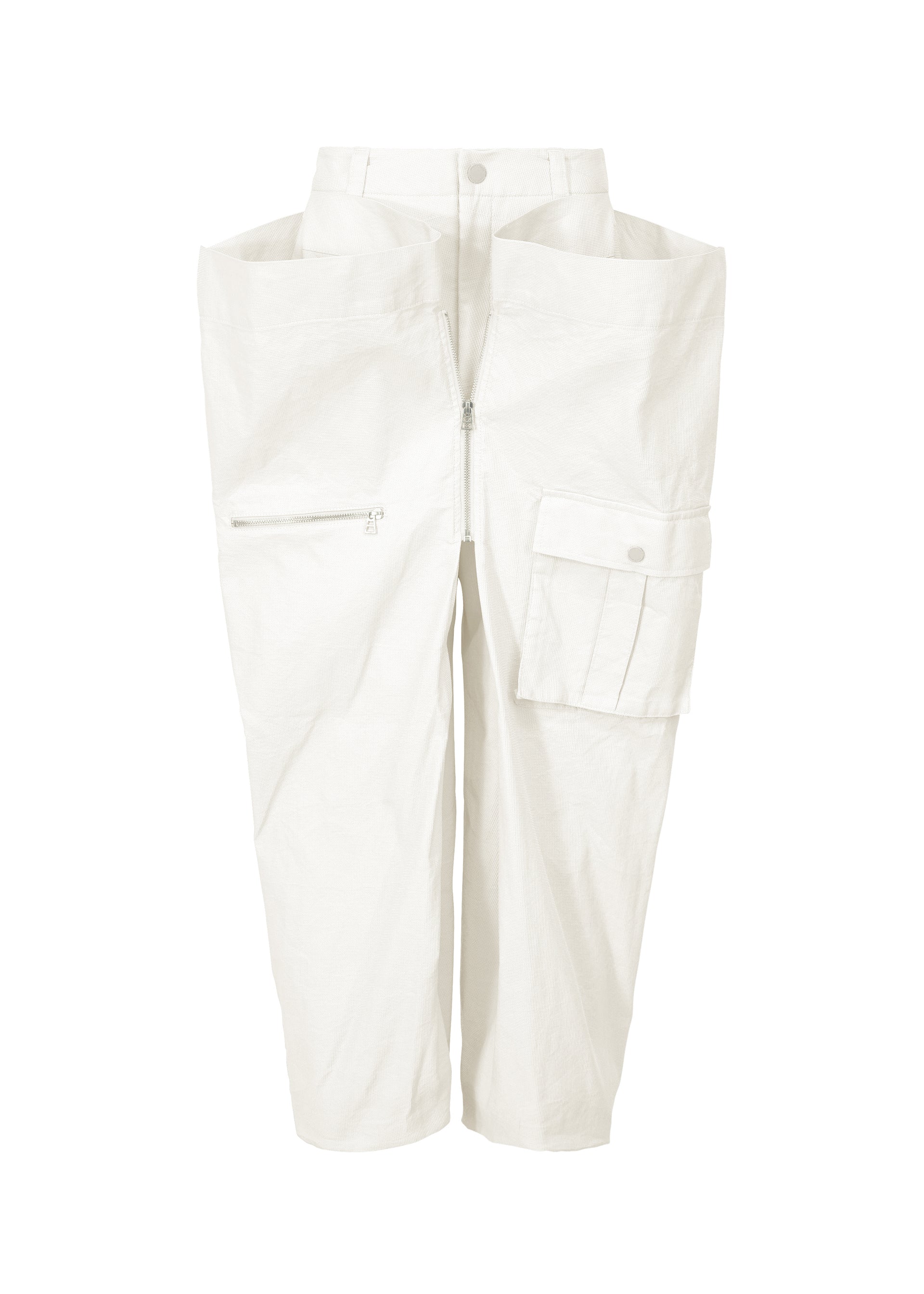 A product shot of the ISSEY MIYAKE PEEKABOO trousers in white (01).