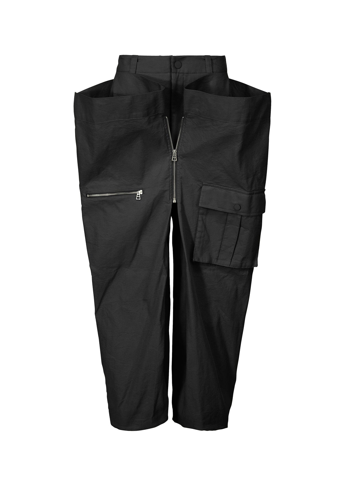 A product shot of the ISSEY MIYAKE PEEKABOO trousers in black (15).