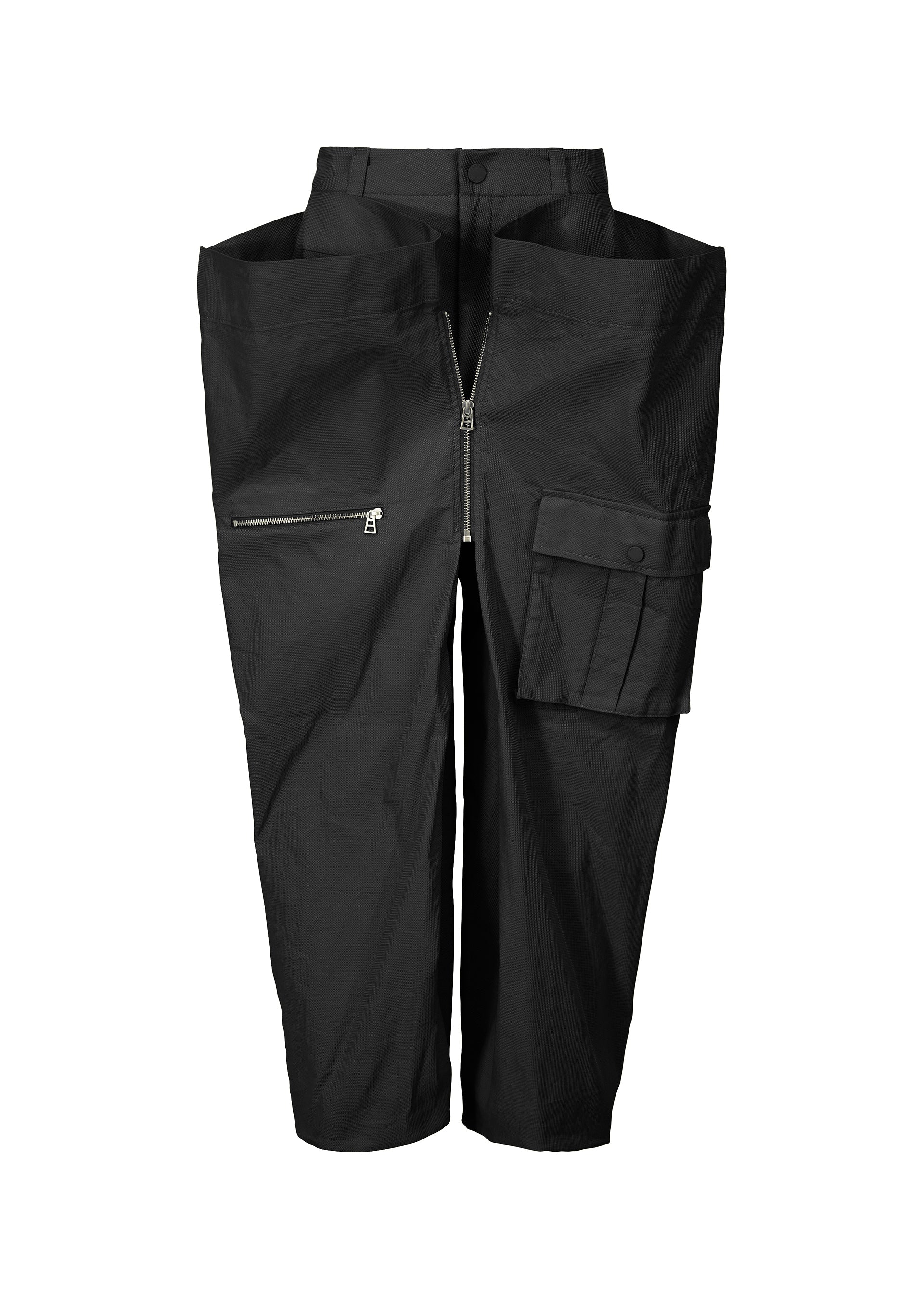 A product shot of the ISSEY MIYAKE PEEKABOO trousers in black (15).