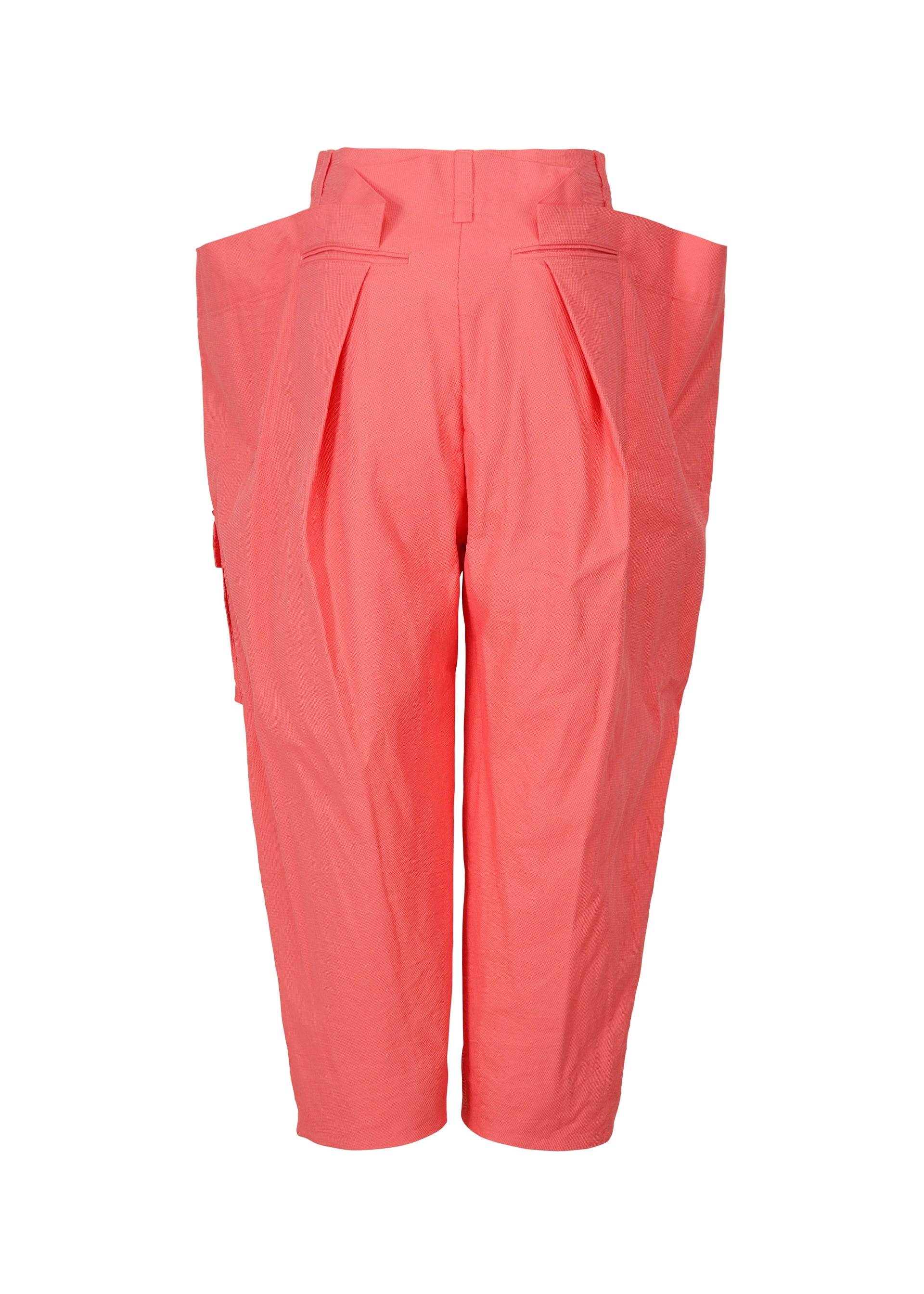 A detail shot of the ISSEY MIYAKE PEEKABOO trousers.