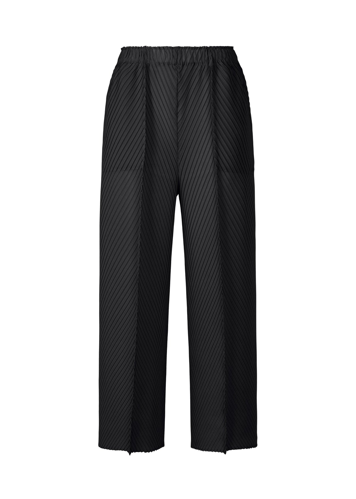 A product shot of the ISSEY MIYAKE SOFT FOLD PLEATS trousers in black.
