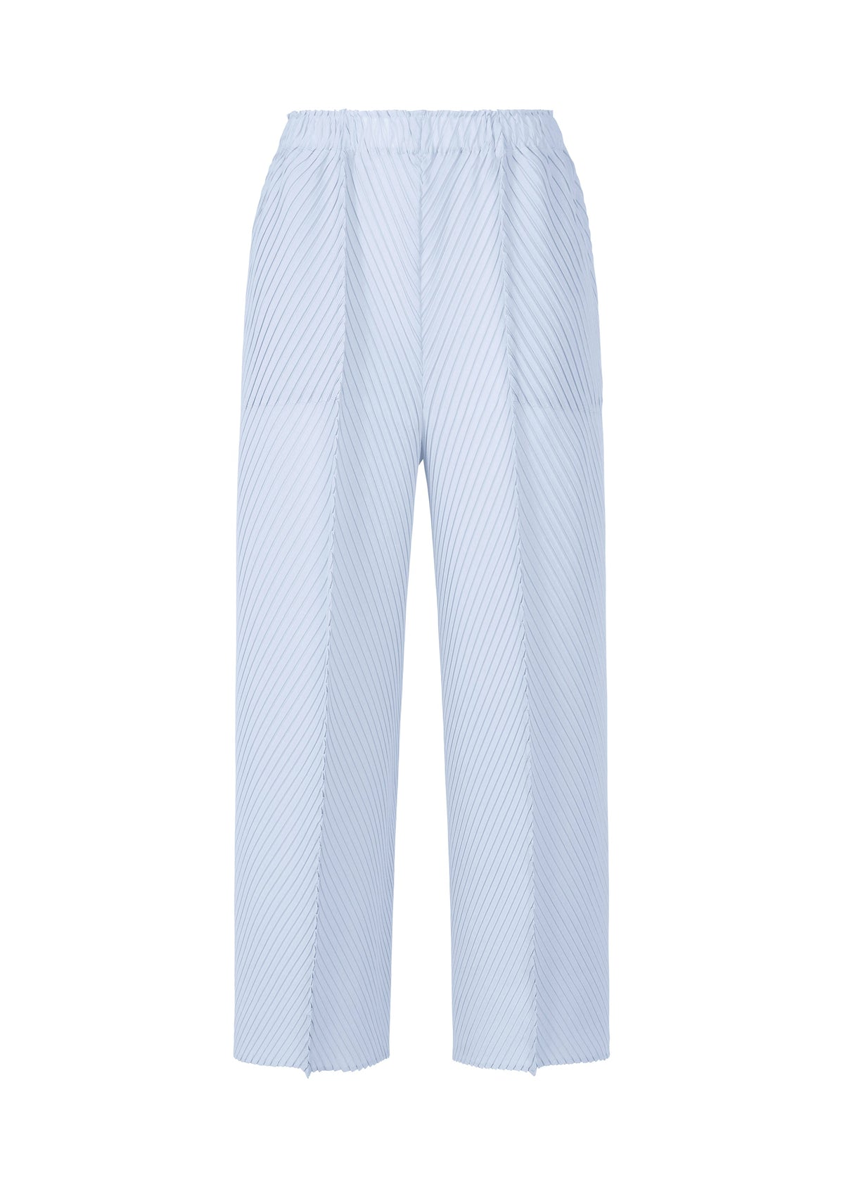 A product shot of the ISSEY MIYAKE SOFT FOLD PLEATS trousers in light blue.