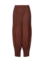 A product shot of the ISSEY MIYAKE LINEN LIKE PLEATS trousers in dark brown (45).