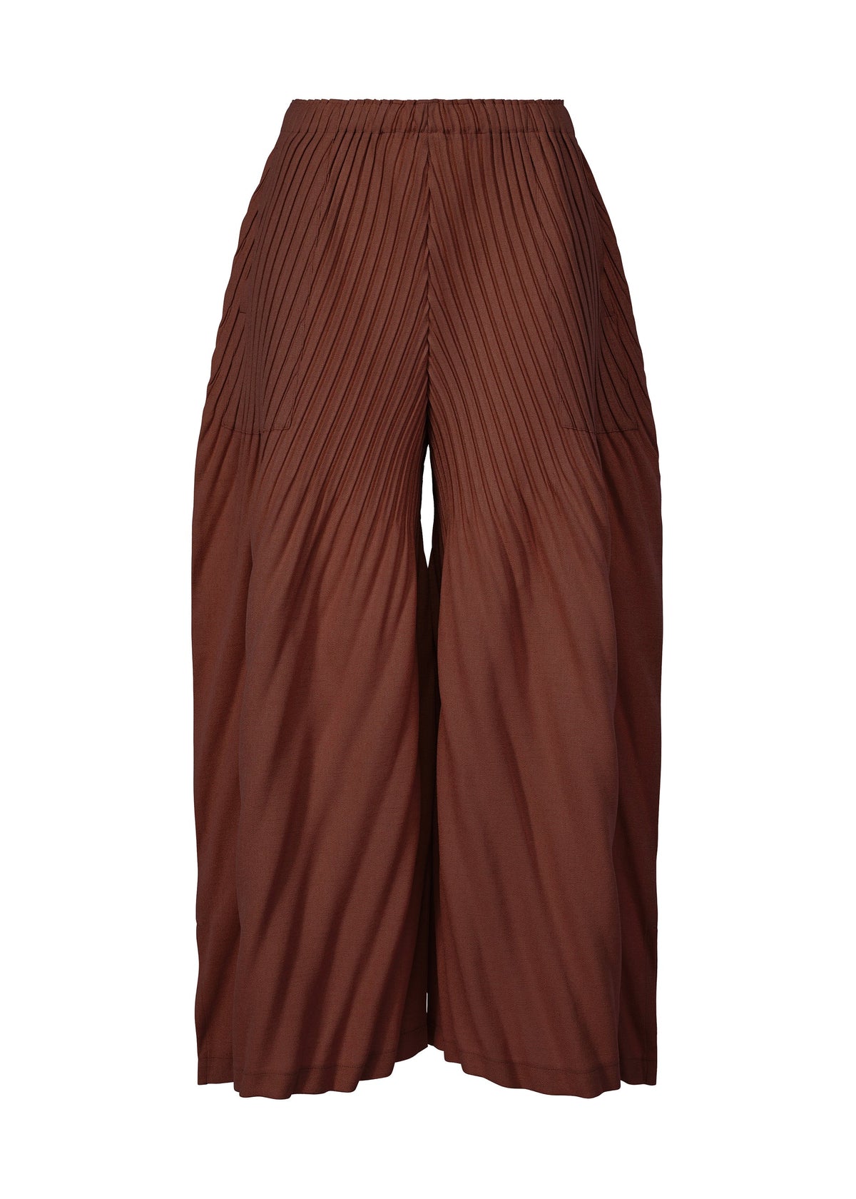 A product shot of the ISSEY MIYAKE LINEN LIKE PLEATS trousers in dark brown (45).