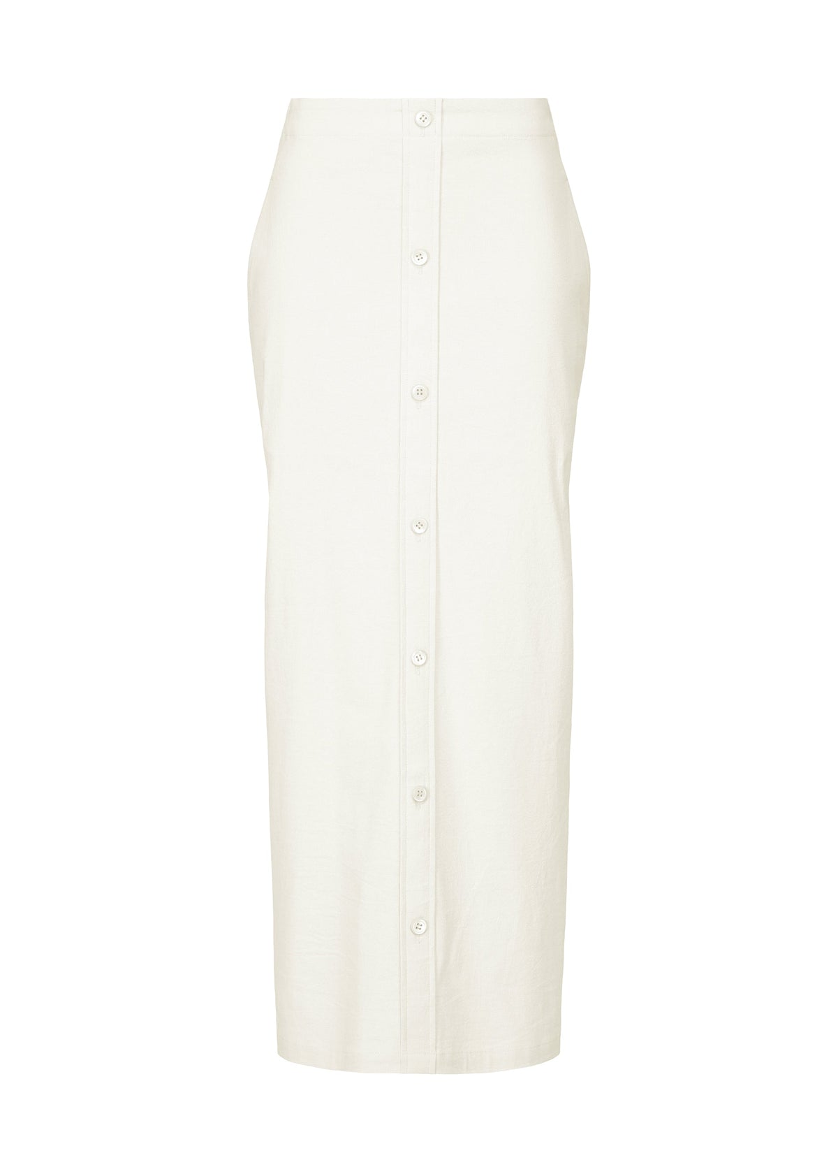 A product shot of the ISSEY MIYAKE LIKE TORSO LIKE SHIRT skirt in white.