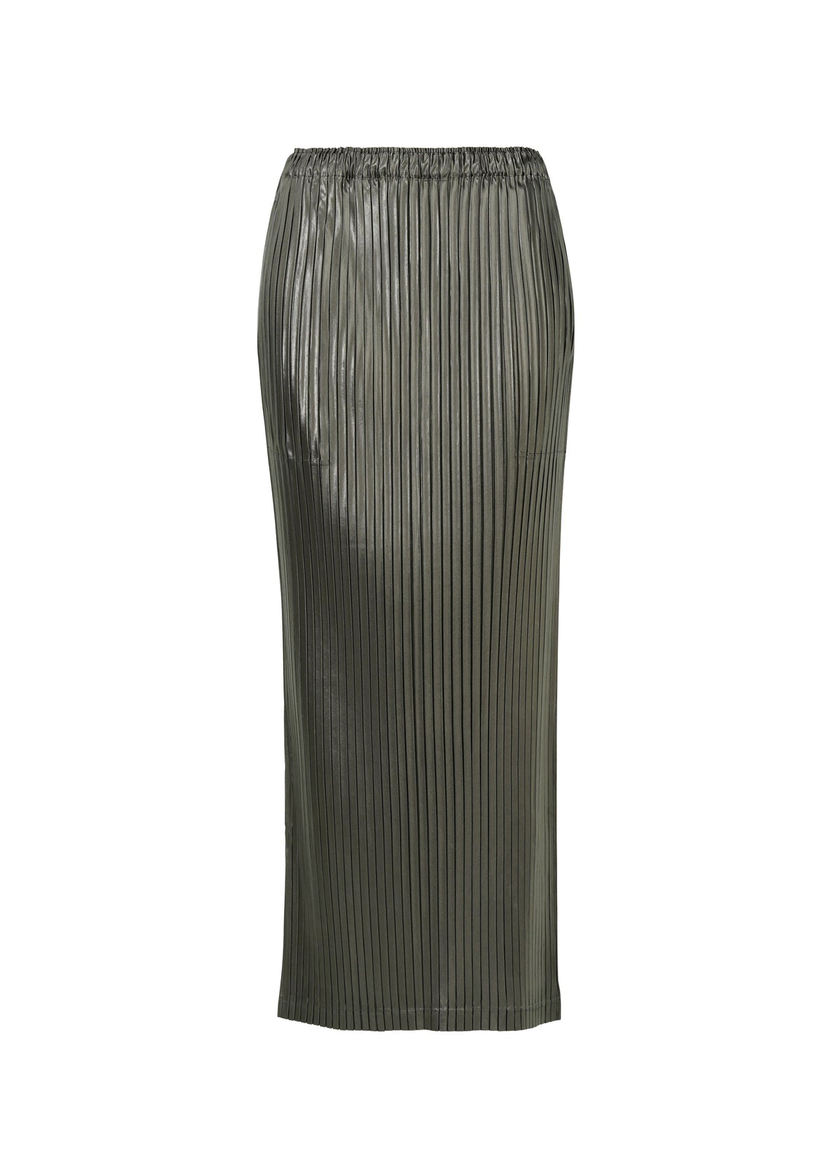 A product shot of the ISSEY MIYAKE GLOSSED METAL PLEATS skirt in khaki (65).
