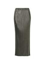A product shot of the ISSEY MIYAKE GLOSSED METAL PLEATS skirt in khaki (65).
