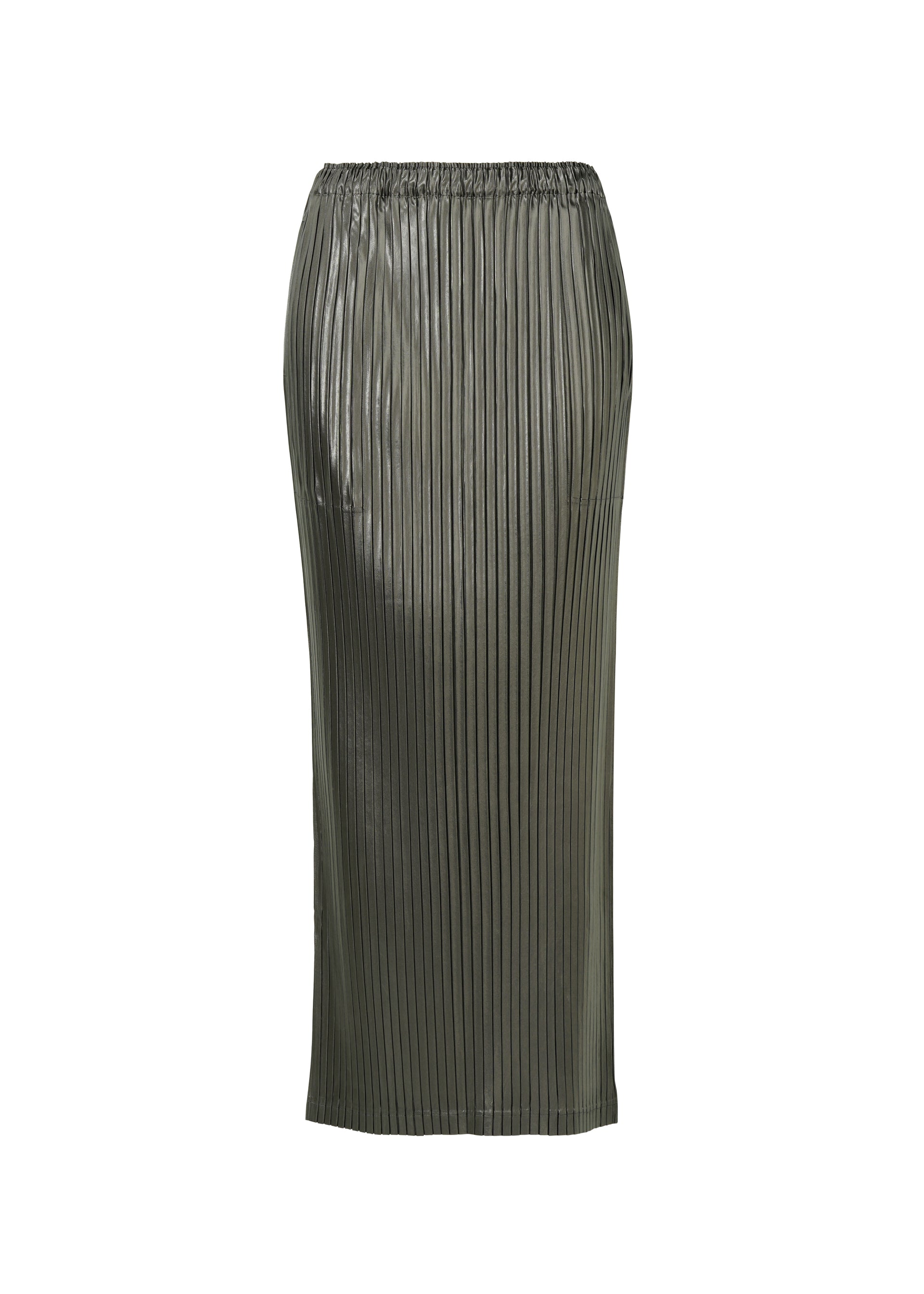 A product shot of the ISSEY MIYAKE GLOSSED METAL PLEATS skirt in khaki (65).