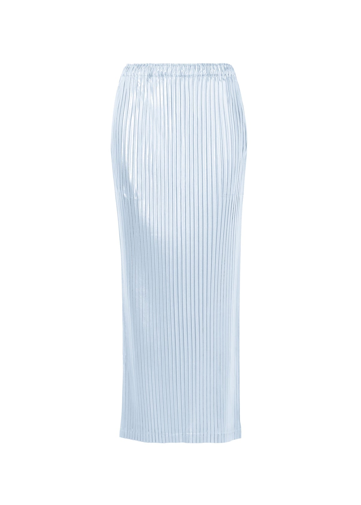 A product shot of the ISSEY MIYAKE GLOSSED METAL PLEATS skirt in pale blue (70).