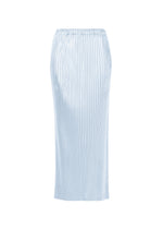 A product shot of the ISSEY MIYAKE GLOSSED METAL PLEATS skirt in pale blue (70).
