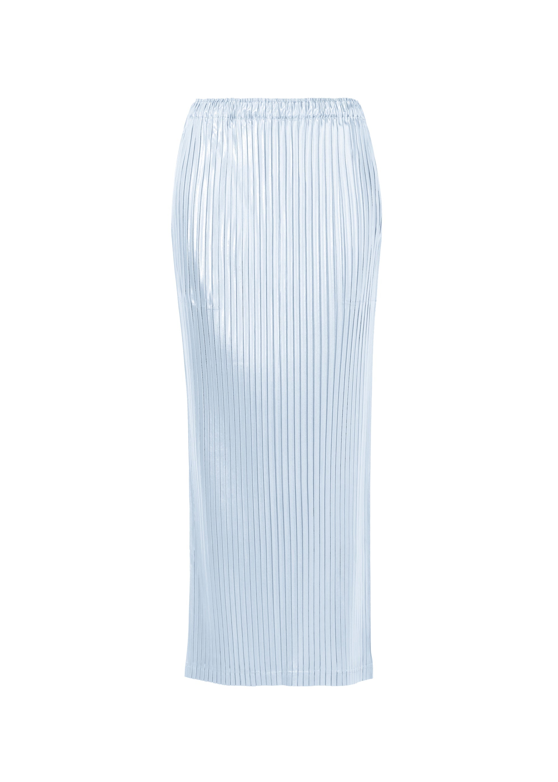 A product shot of the ISSEY MIYAKE GLOSSED METAL PLEATS skirt in pale blue (70).