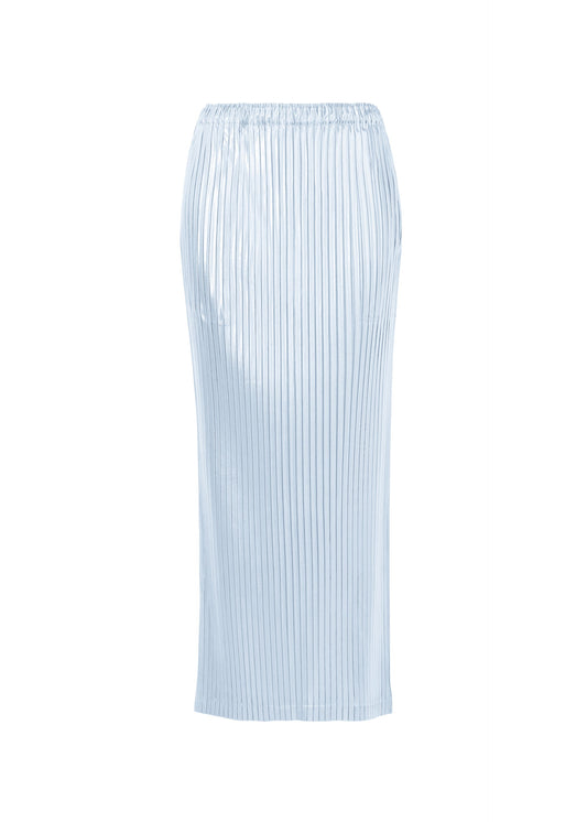 A product shot of the ISSEY MIYAKE GLOSSED METAL PLEATS skirt in pale blue (70).