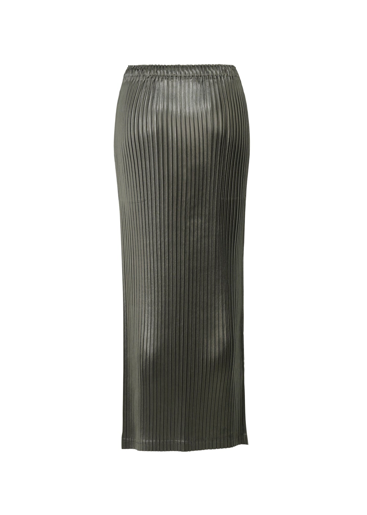 A detail shot of the ISSEY MIYAKE GLOSSED METAL PLEATS skirt.