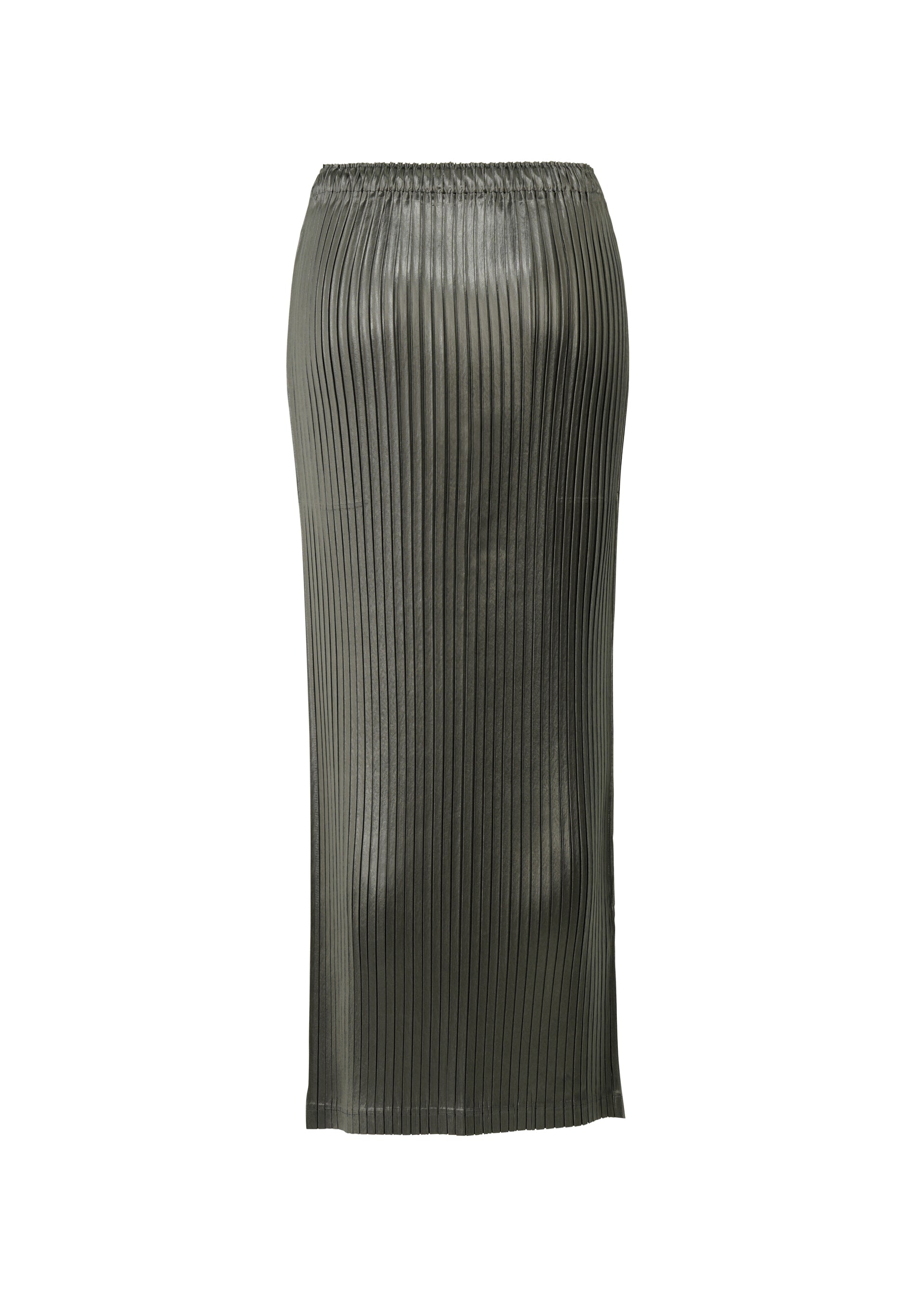 A detail shot of the ISSEY MIYAKE GLOSSED METAL PLEATS skirt.