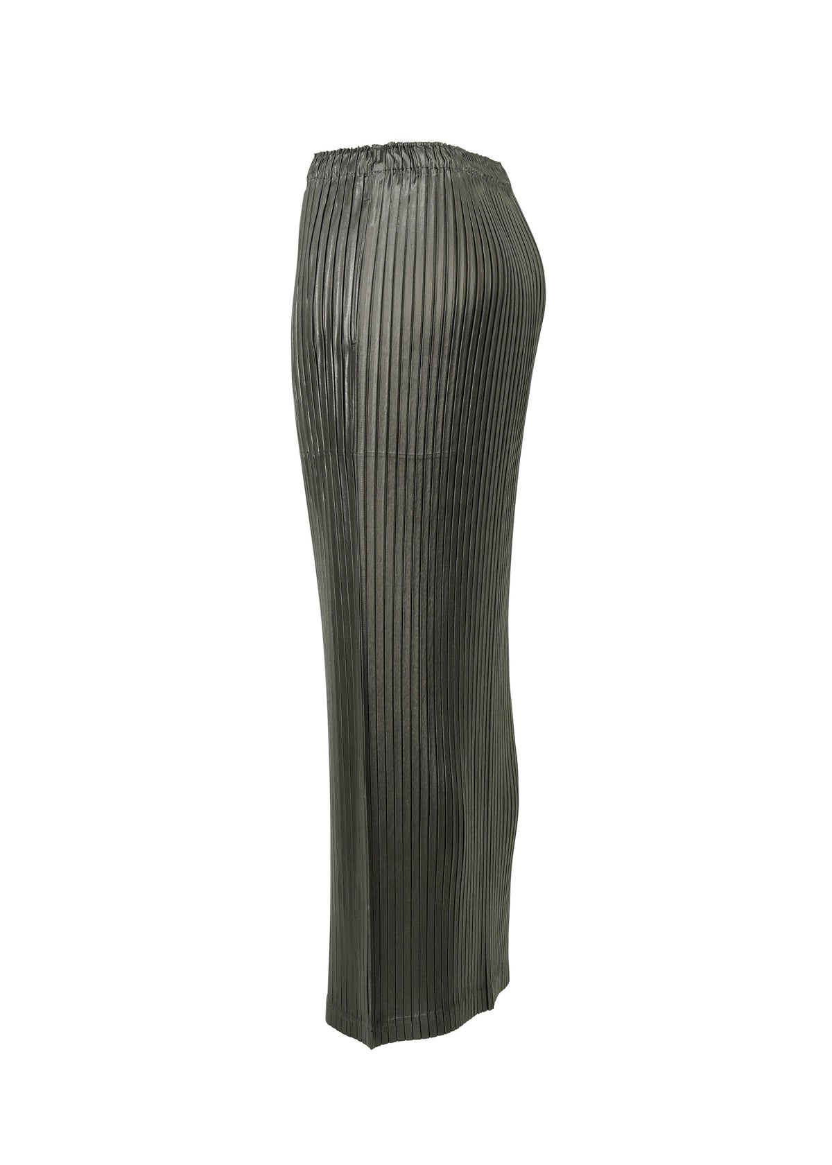 A detail shot of the ISSEY MIYAKE GLOSSED METAL PLEATS skirt.