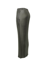 A detail shot of the ISSEY MIYAKE GLOSSED METAL PLEATS skirt.