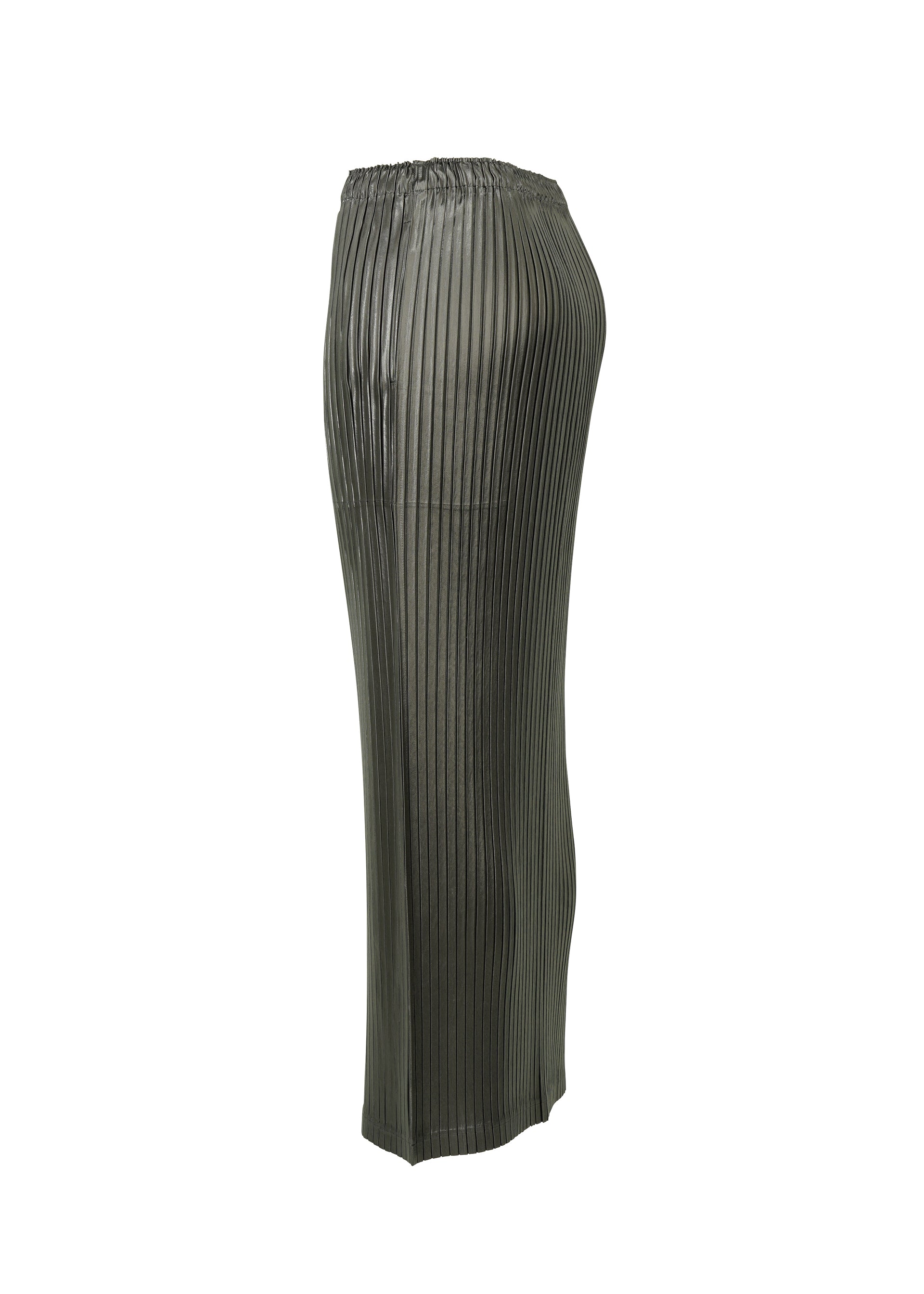 A detail shot of the ISSEY MIYAKE GLOSSED METAL PLEATS skirt.