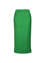 A product shot of the ISSEY MIYAKE SLEEK PLEATS skirt in green (62).