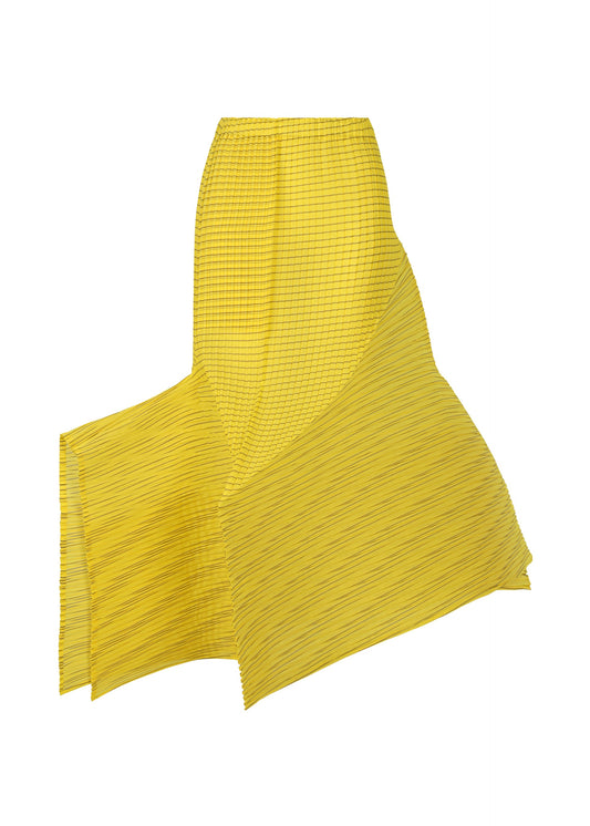 A product shot of the ISSEY MIYAKE GENERIC STRIPES (MACHINE PLEATS) clothing in yellow-hued (57).
