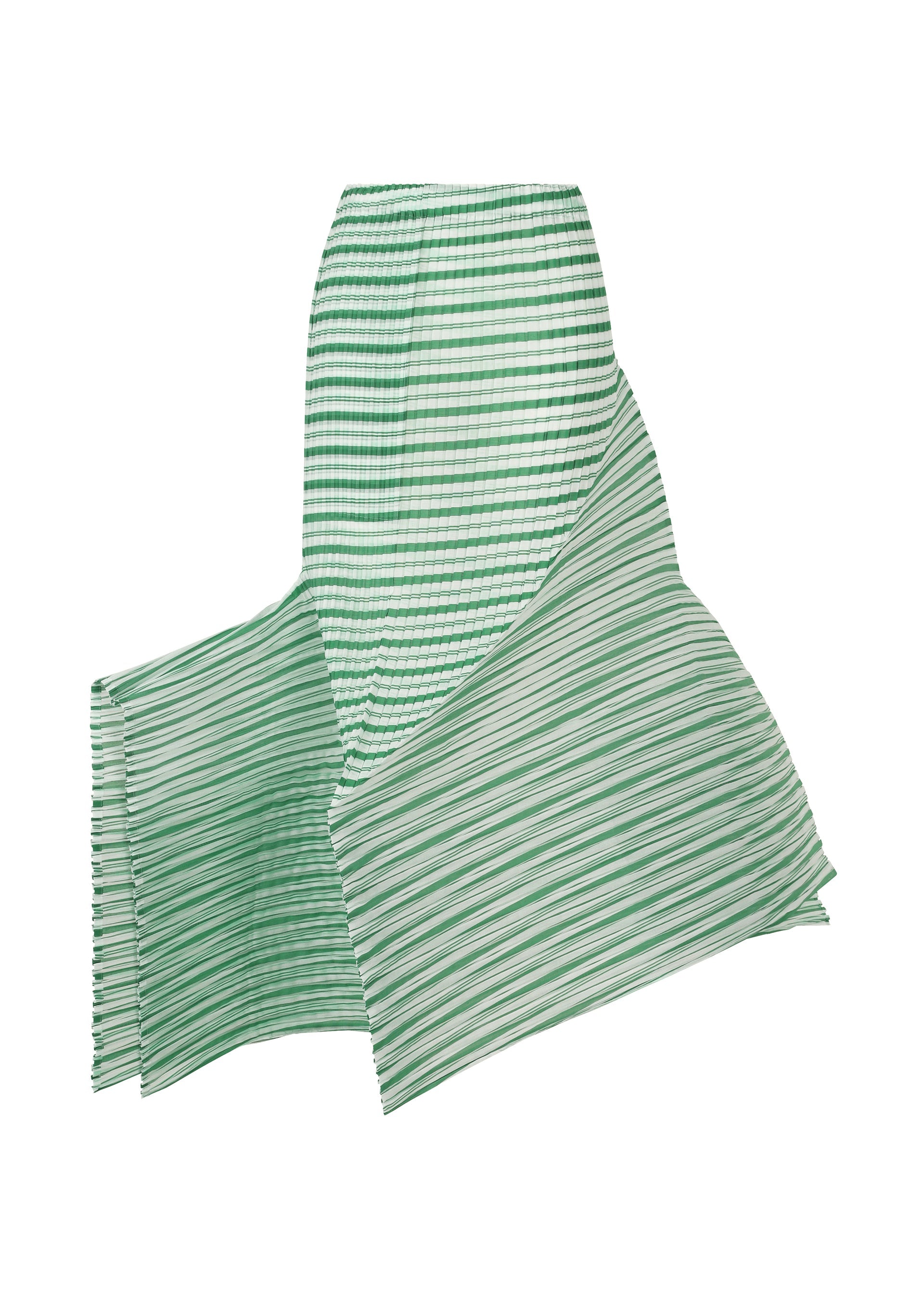 A product shot of the ISSEY MIYAKE GENERIC STRIPES (MACHINE PLEATS) clothing in green-hued (66).