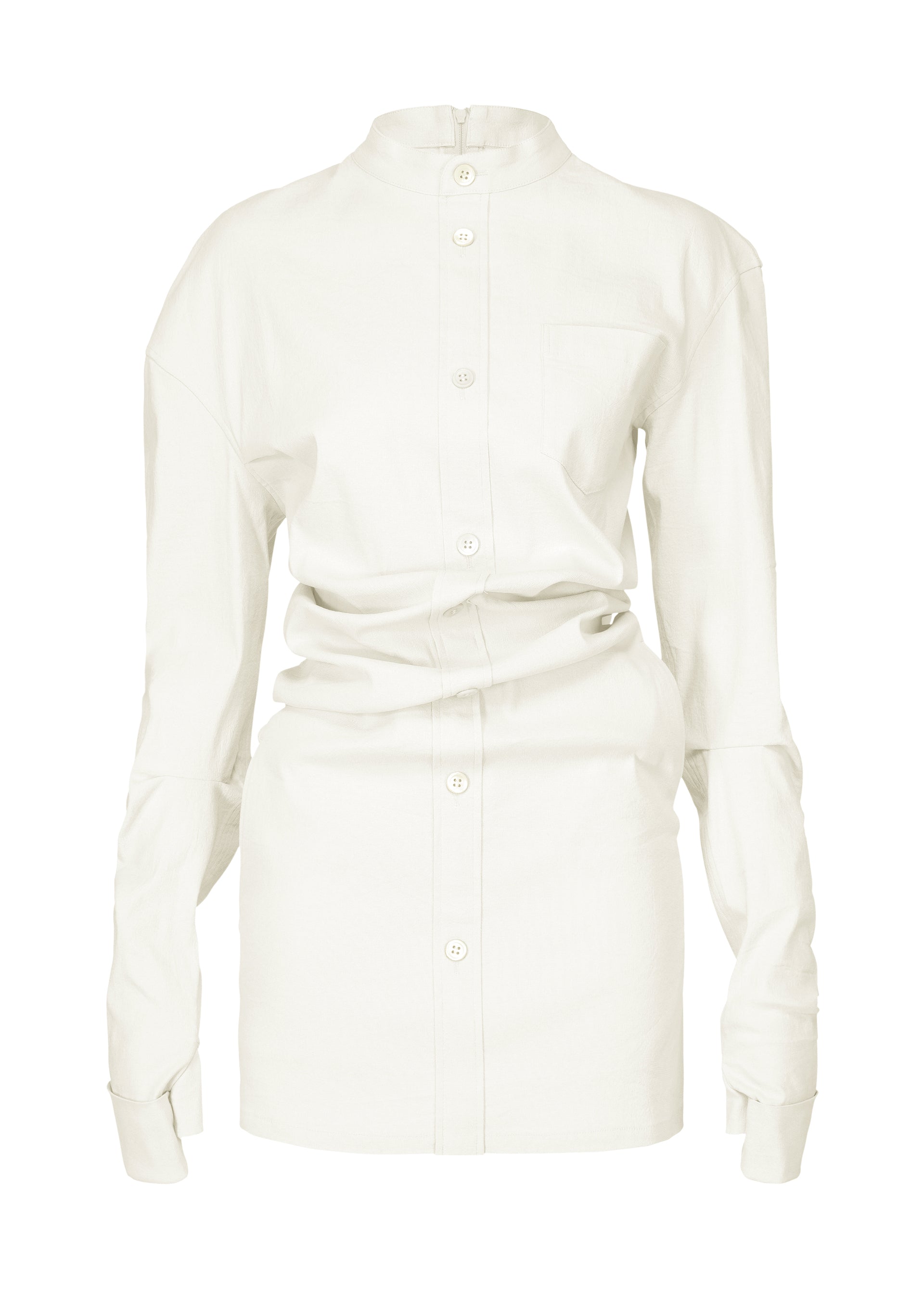 A product shot of the ISSEY MIYAKE LIKE TORSO LIKE SHIRT dress in white.