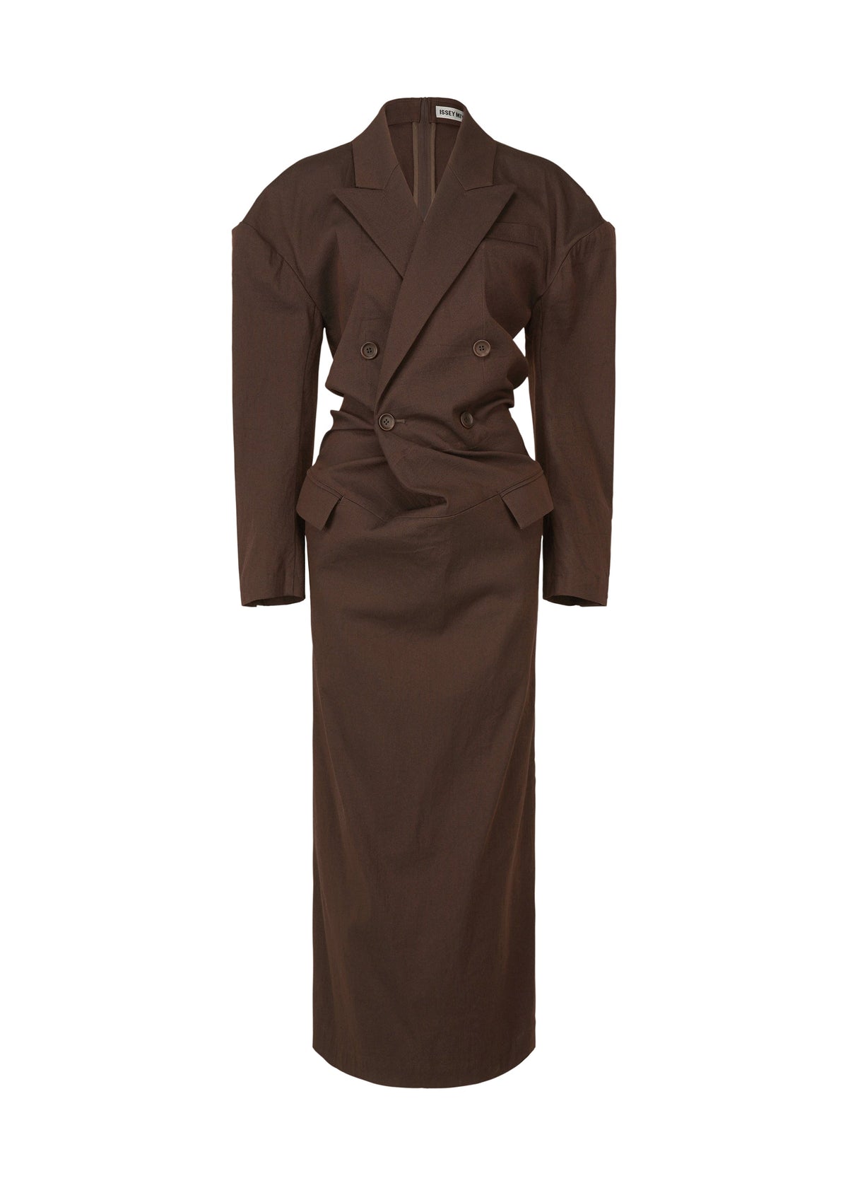 A product shot of the ISSEY MIYAKE LIKE TORSO LIKE BLAZER dress in dark brown (45).