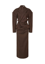 A product shot of the ISSEY MIYAKE LIKE TORSO LIKE BLAZER dress in dark brown (45).