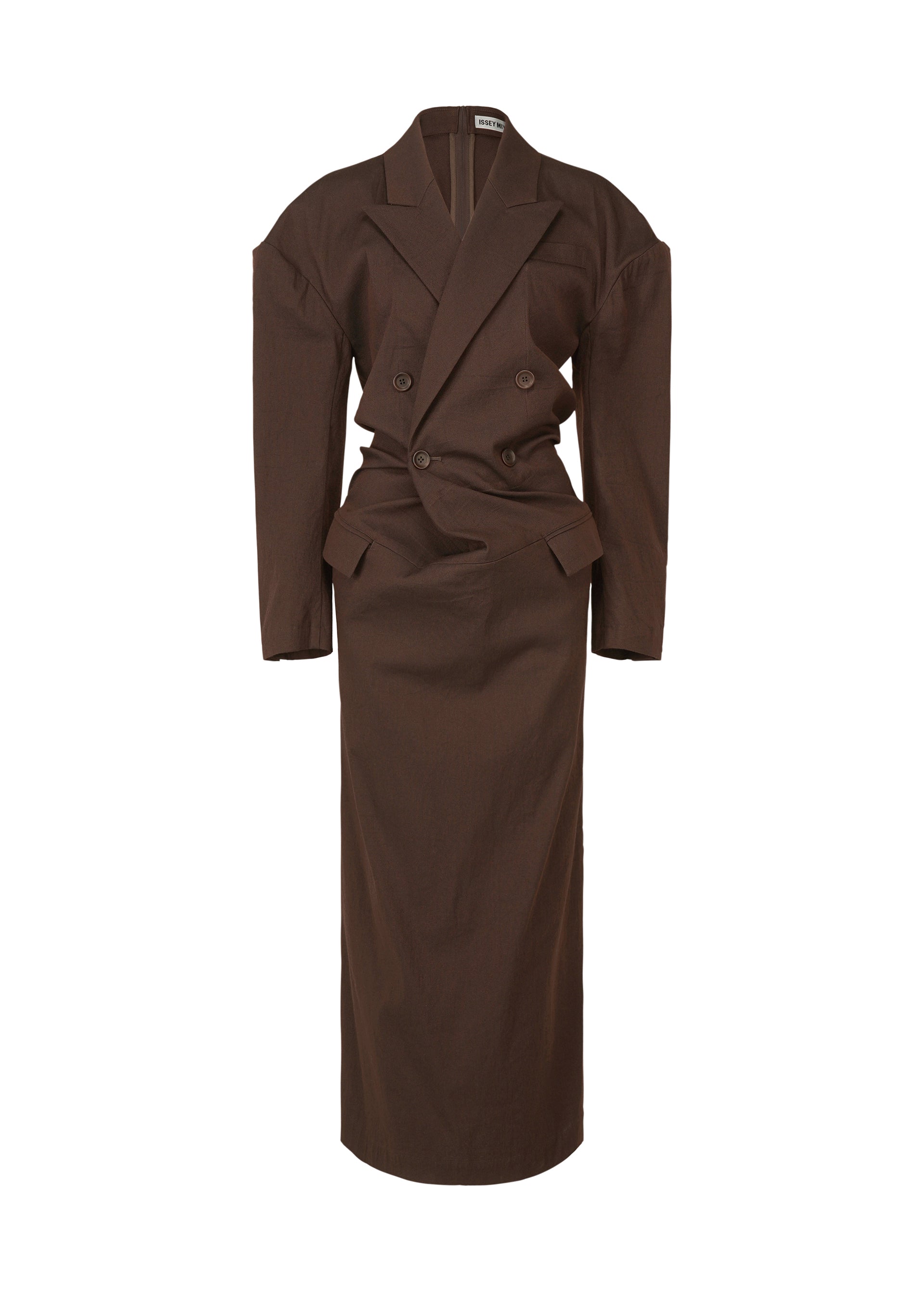 A product shot of the ISSEY MIYAKE LIKE TORSO LIKE BLAZER dress in dark brown (45).