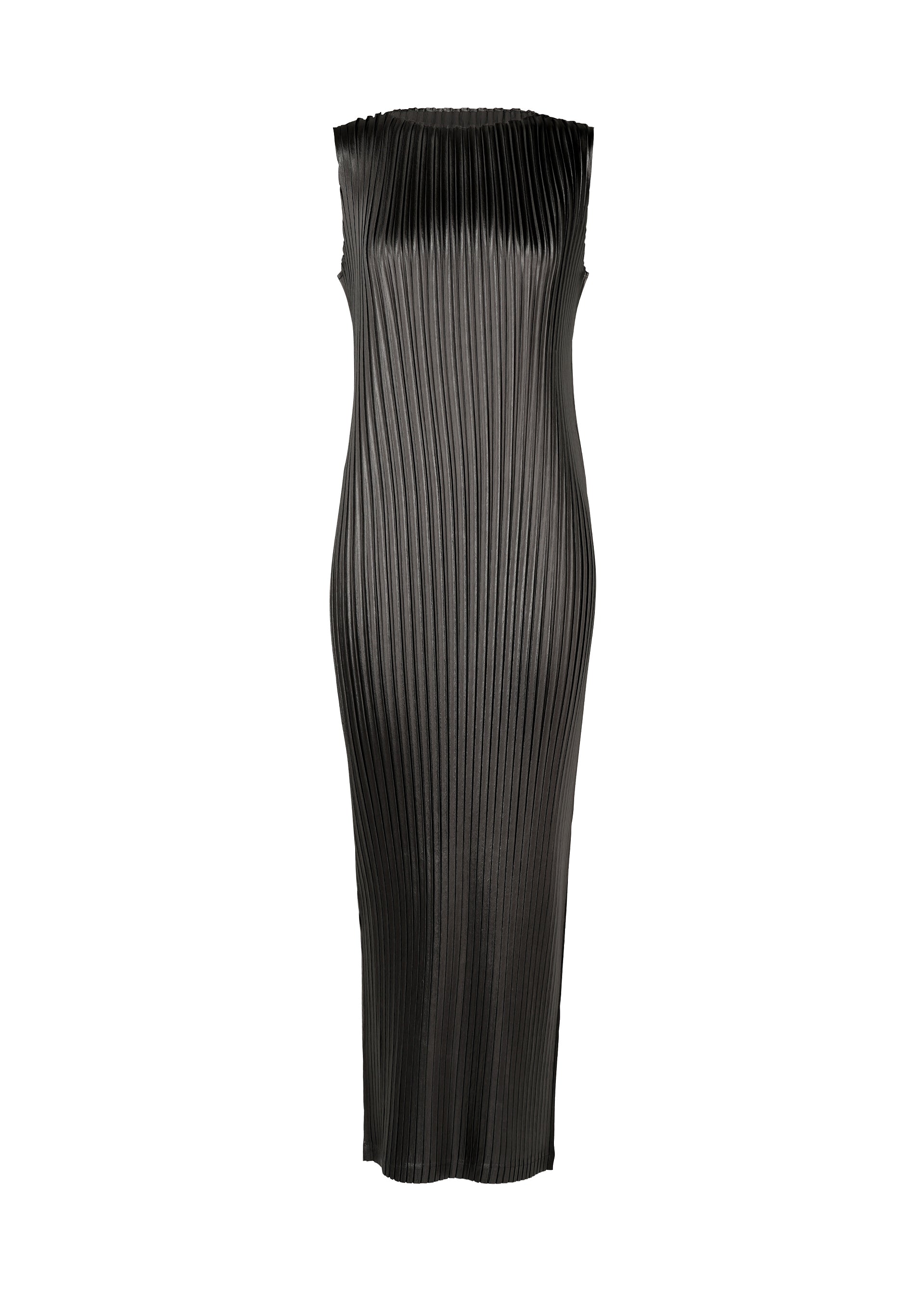 A product shot of the ISSEY MIYAKE GLOSSED METAL PLEATS dress in black (15).