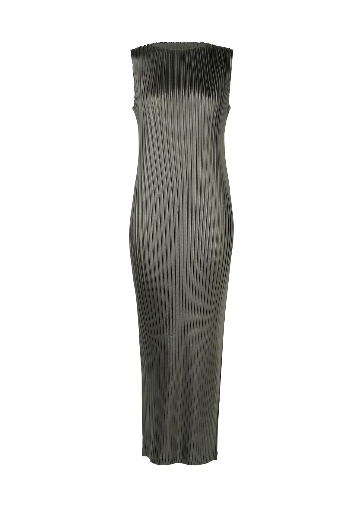 A product shot of the ISSEY MIYAKE GLOSSED METAL PLEATS dress in khaki (65).