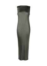 A product shot of the ISSEY MIYAKE GLOSSED METAL PLEATS dress in khaki (65).