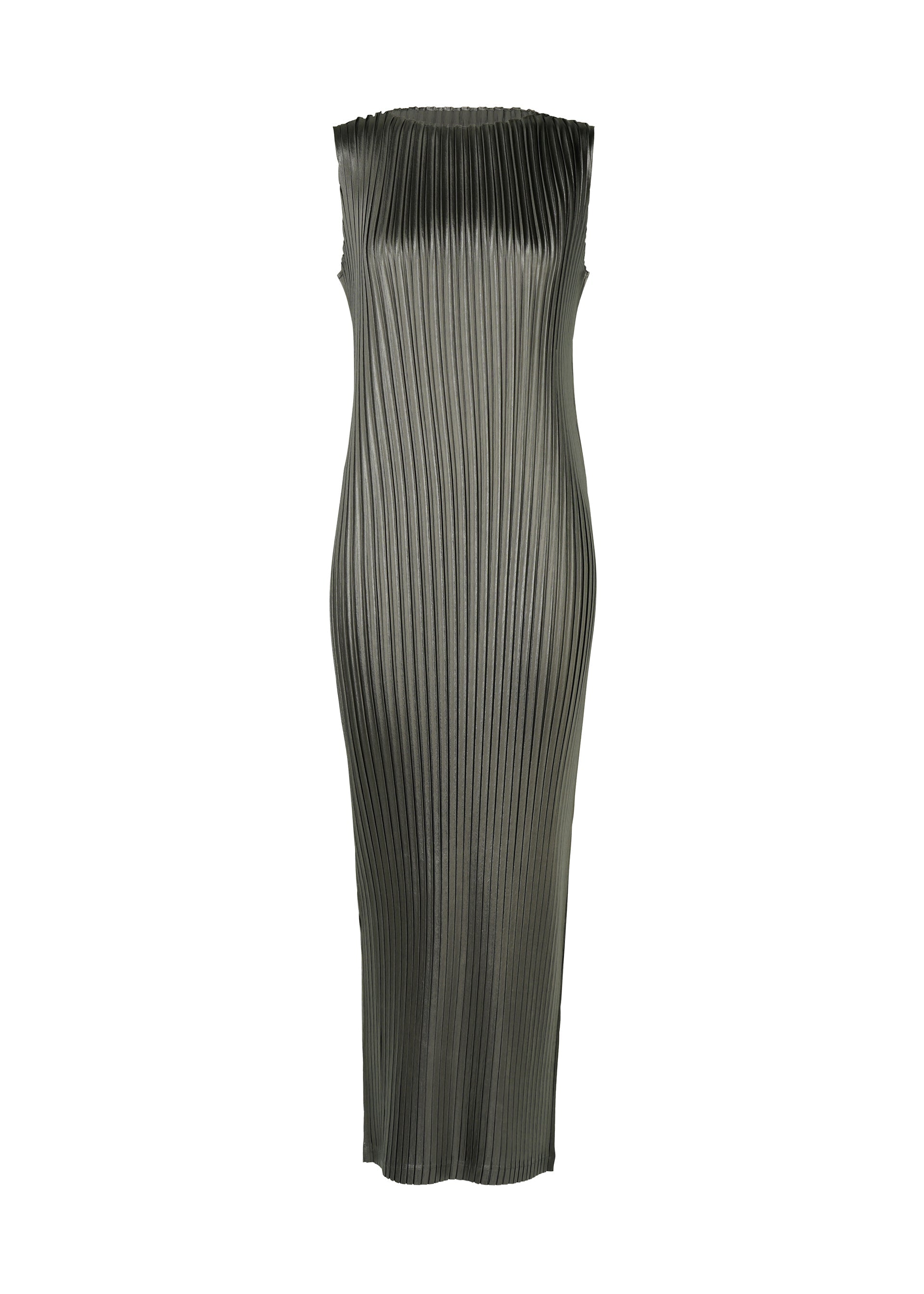 A product shot of the ISSEY MIYAKE GLOSSED METAL PLEATS dress in khaki (65).