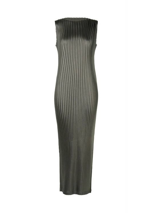 A product shot of the ISSEY MIYAKE GLOSSED METAL PLEATS dress in khaki (65).