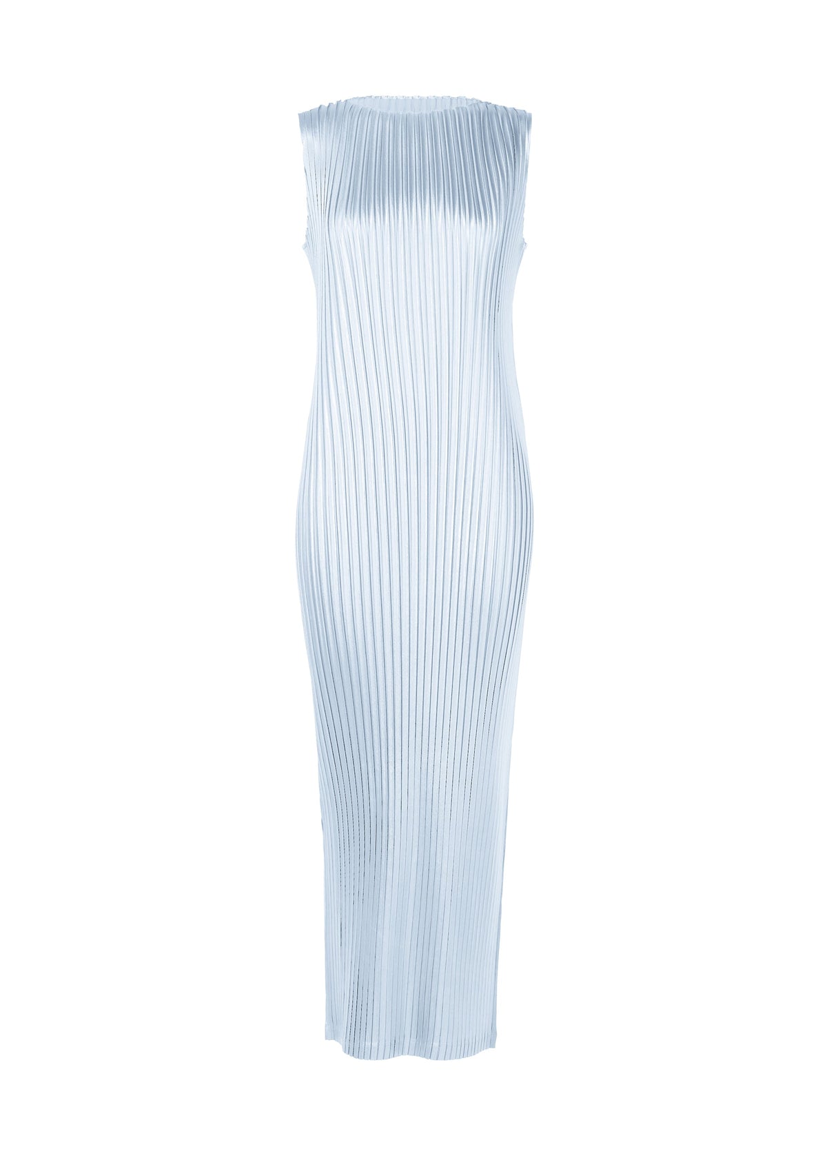 A product shot of the ISSEY MIYAKE GLOSSED METAL PLEATS dress in pale blue (70).