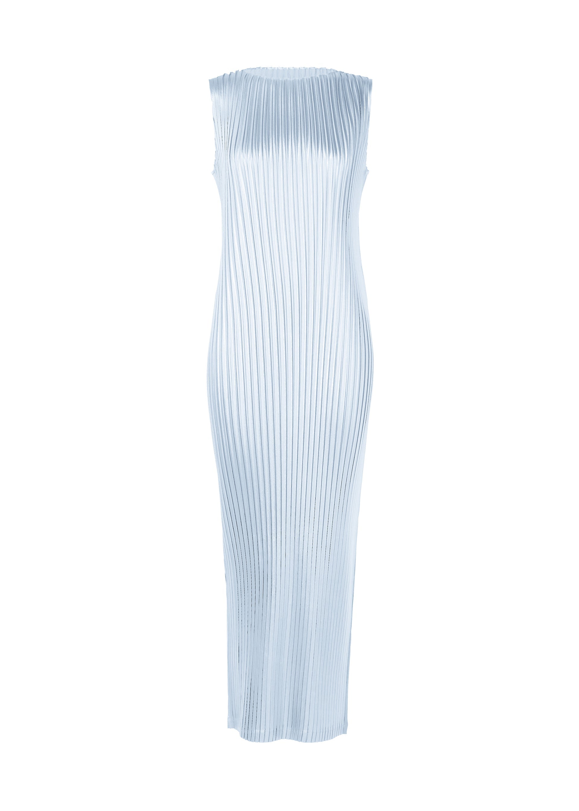 A product shot of the ISSEY MIYAKE GLOSSED METAL PLEATS dress in pale blue (70).