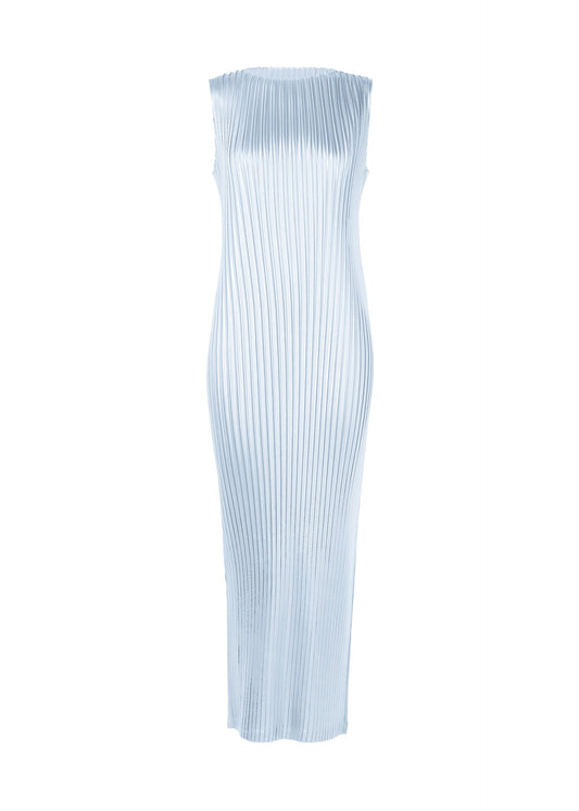 A product shot of the ISSEY MIYAKE GLOSSED METAL PLEATS dress in pale blue (70).