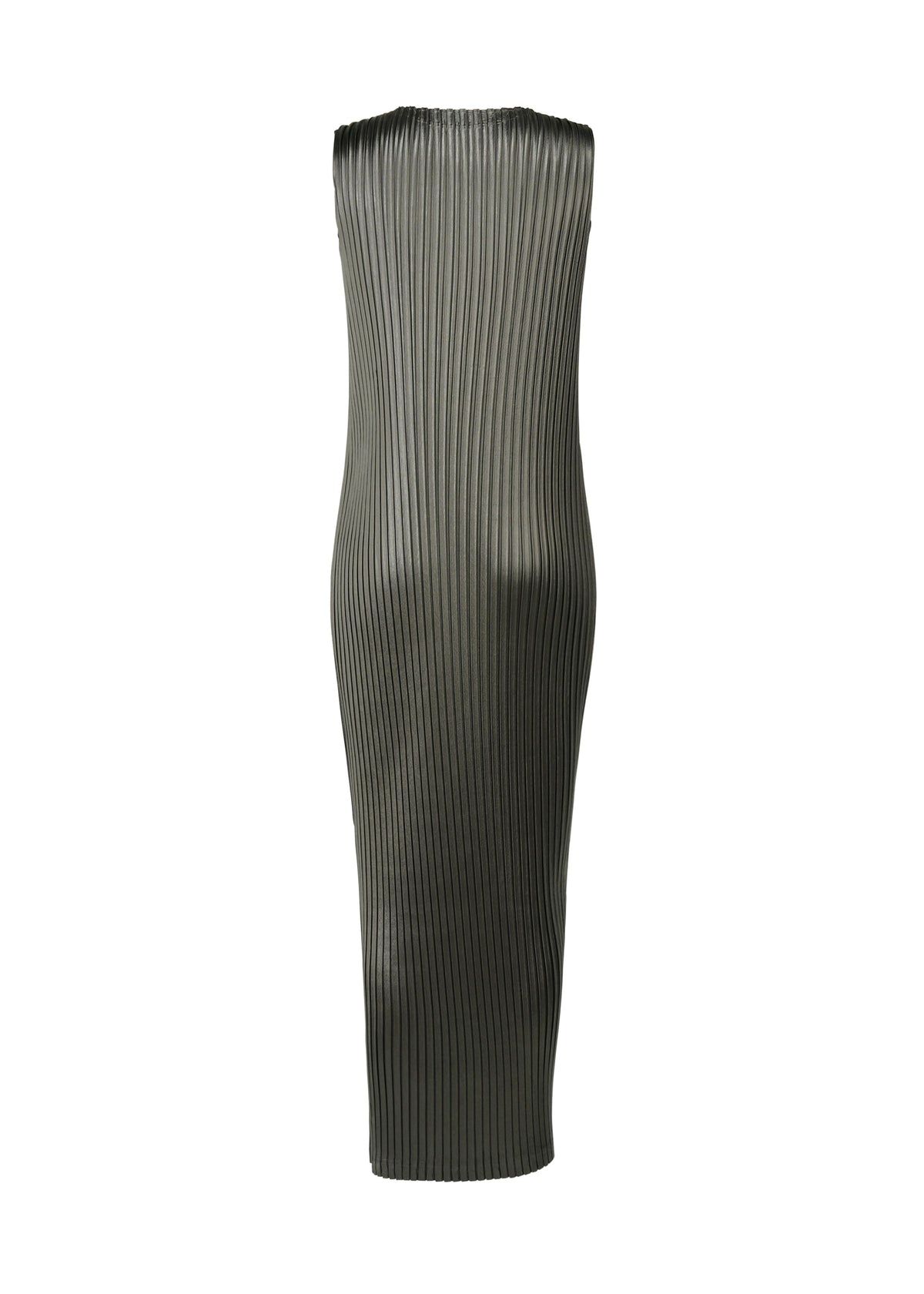 A detail shot of the ISSEY MIYAKE GLOSSED METAL PLEATS dress.
