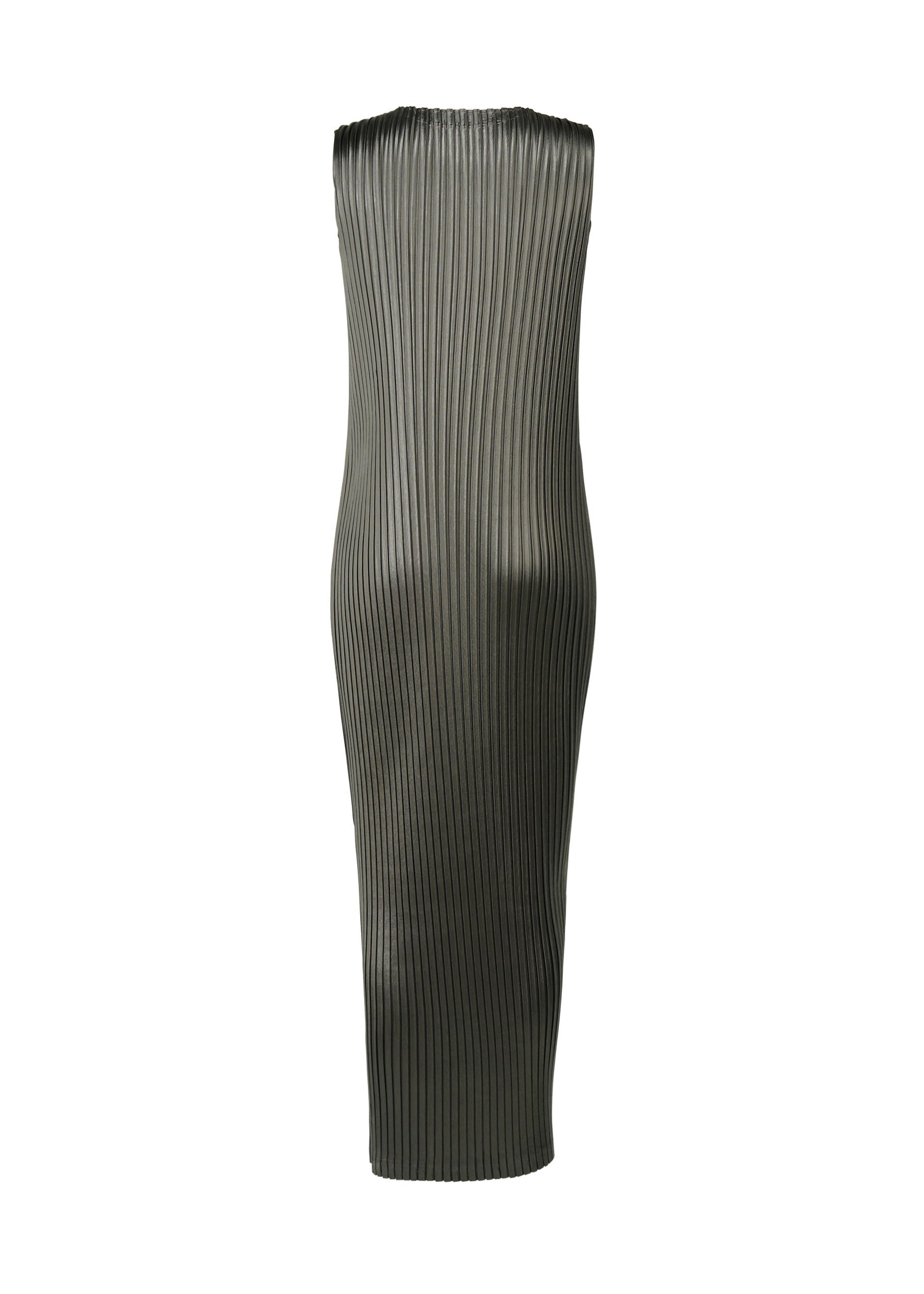 A detail shot of the ISSEY MIYAKE GLOSSED METAL PLEATS dress.