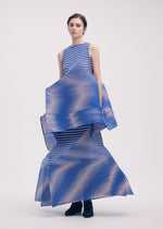 A model wears the ISSEY MIYAKE GENERIC STRIPES (MACHINE PLEATS) clothing.
