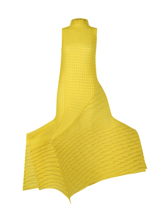 A product shot of the ISSEY MIYAKE GENERIC STRIPES (MACHINE PLEATS) clothing in yellow-hued (57).