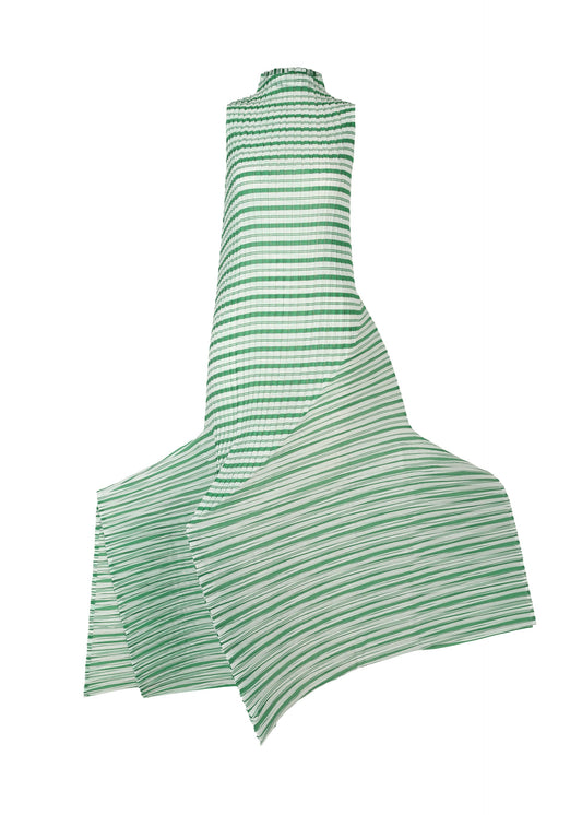 A product shot of the ISSEY MIYAKE GENERIC STRIPES (MACHINE PLEATS) clothing in green-hued (66).