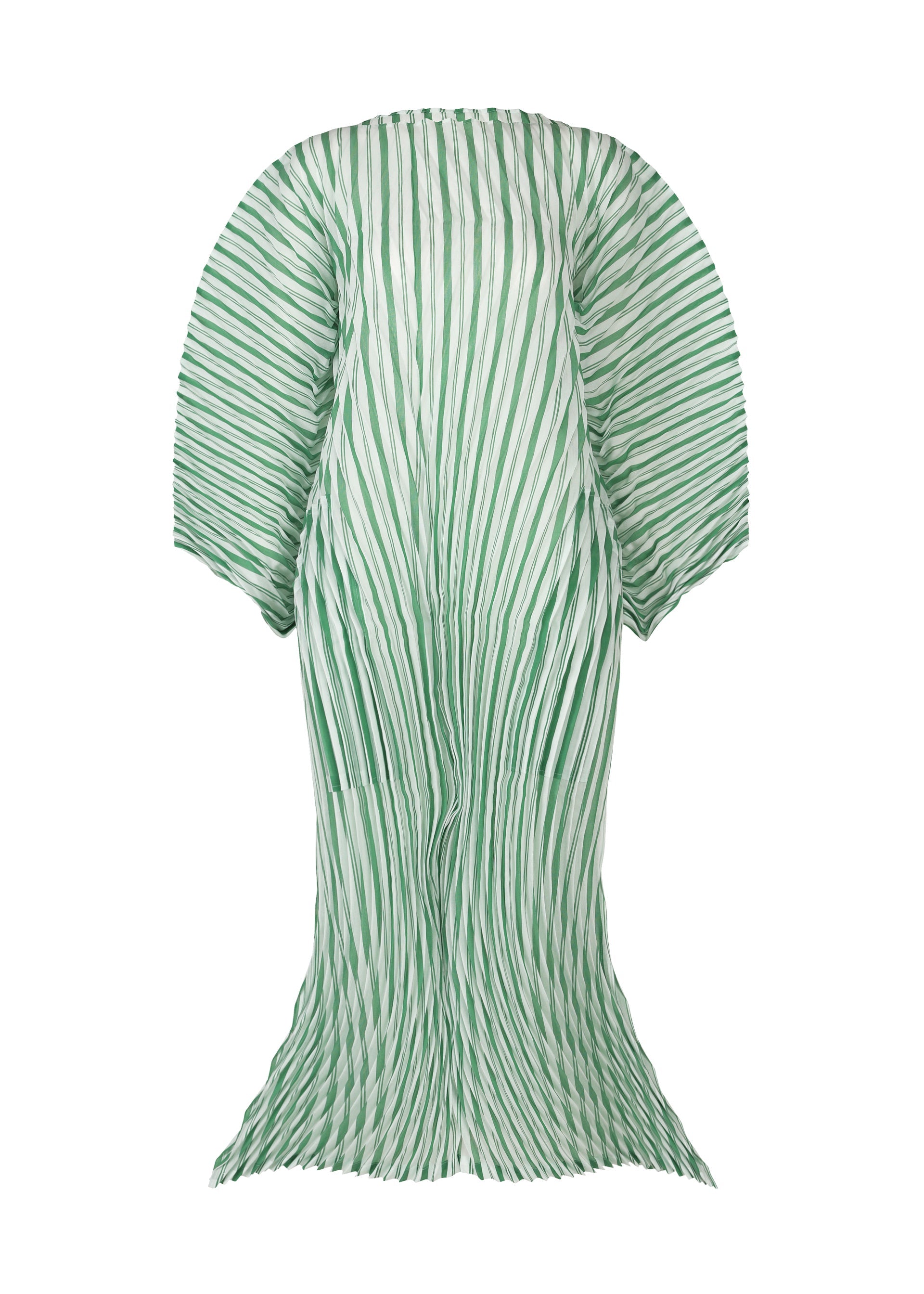 A product shot of the ISSEY MIYAKE GENERIC STRIPES (HAND PLEATS) clothing in green-hued (66).