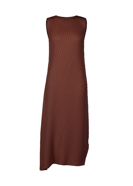 A product shot of the ISSEY MIYAKE LINEN LIKE PLEATS dress in dark brown (45).