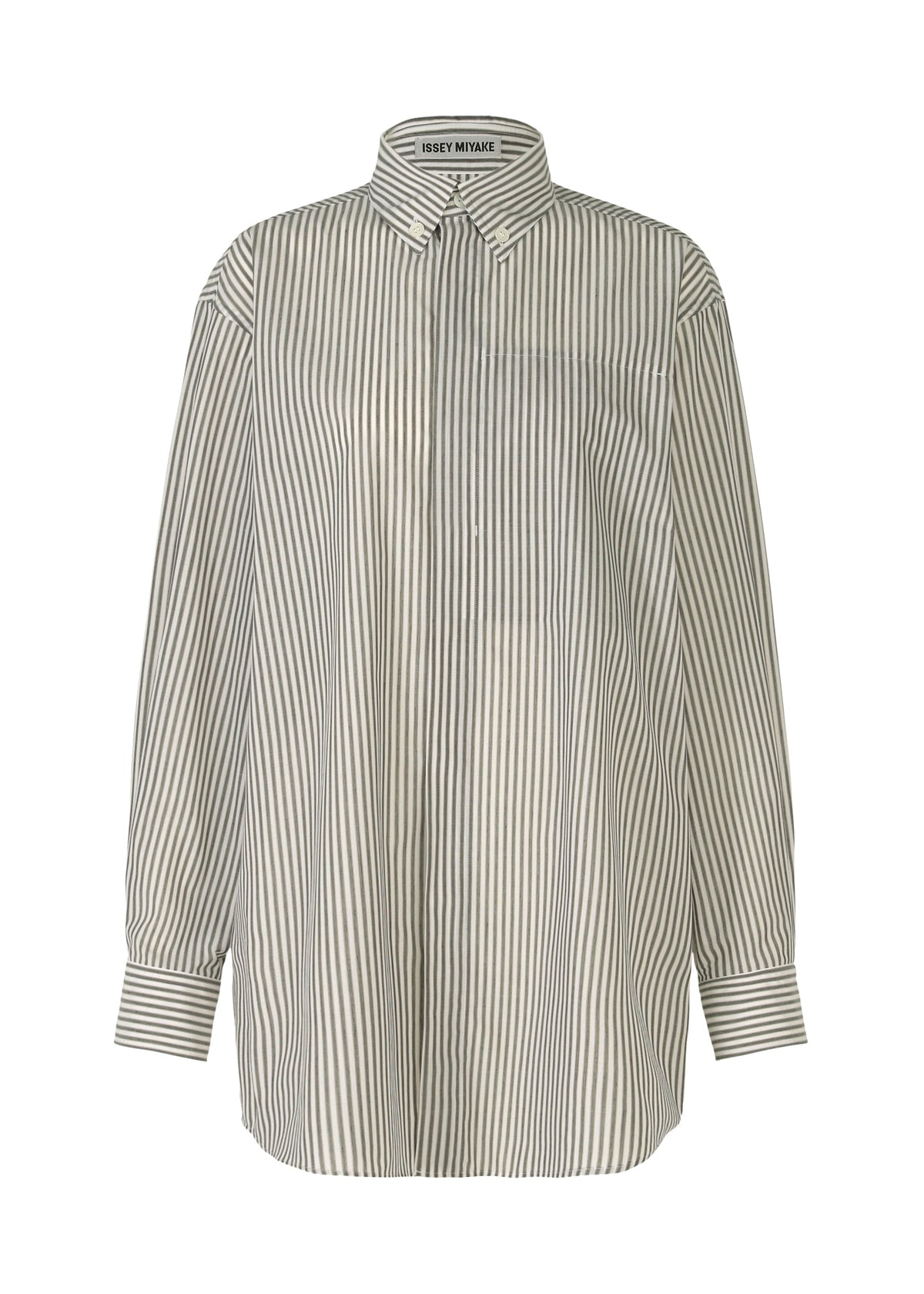 A product shot of the ISSEY MIYAKE ODD SHIRT (STRIPES) shirt in khaki-hued (67).