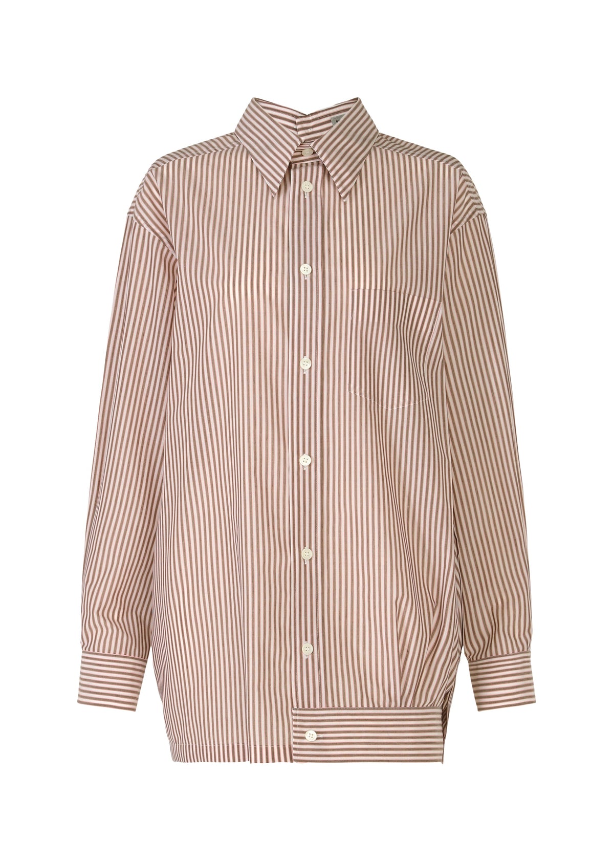 A product shot of the ISSEY MIYAKE ODD SHIRT (STRIPES) shirt in pink-hued (26).