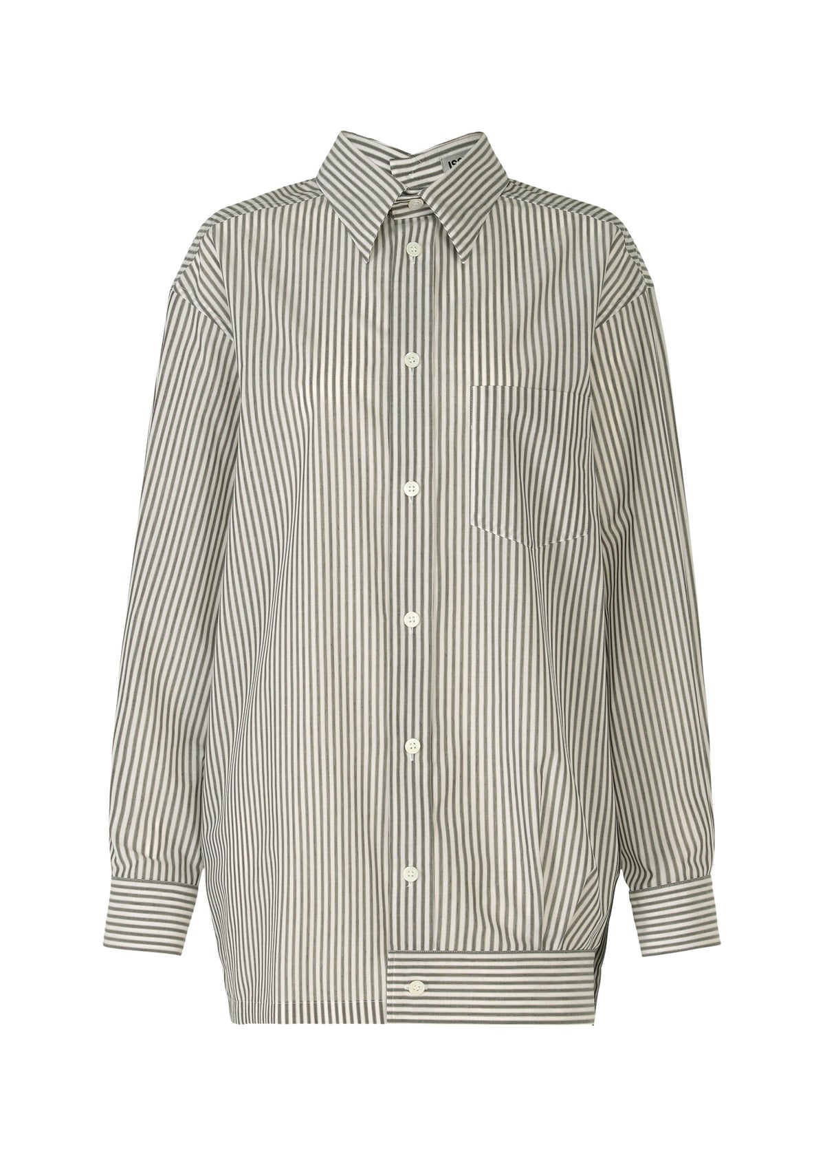 A product shot of the ISSEY MIYAKE ODD SHIRT (STRIPES) shirt in khaki-hued (67).