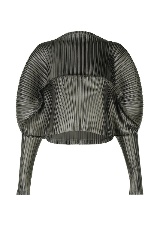 A product shot of the ISSEY MIYAKE GLOSSED METAL PLEATS shirt in khaki (65).