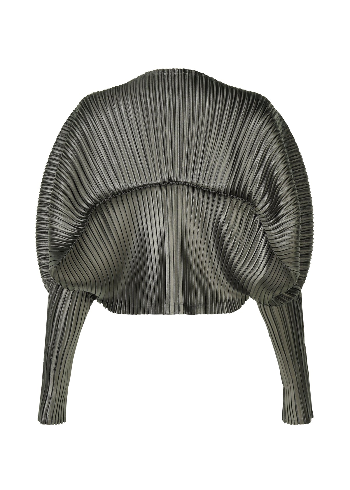 A detail shot of the ISSEY MIYAKE GLOSSED METAL PLEATS shirt.