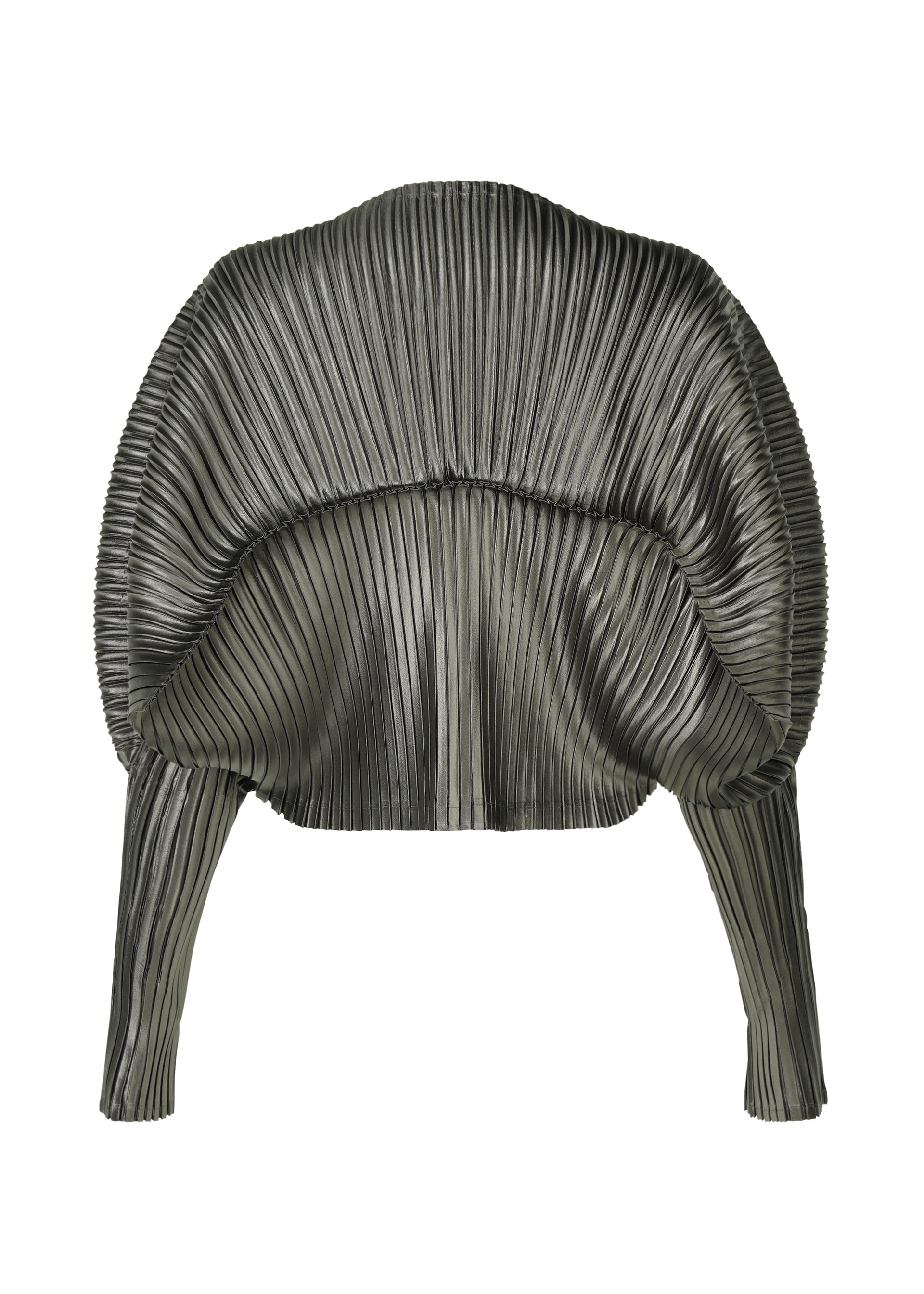 A detail shot of the ISSEY MIYAKE GLOSSED METAL PLEATS shirt.